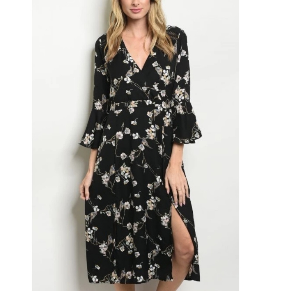 Floral Wrap Bell Sleeve Midi Dress - Picture 1 of 3